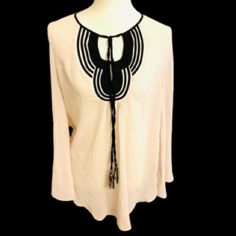Ark & Co. Sheer Ivory Long Bell Sleeve Tunic Blouse
Black Trim Neckline  Sz M
